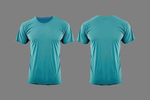 Photo realistic male cyan color t-shirts with copy space, front and back view.