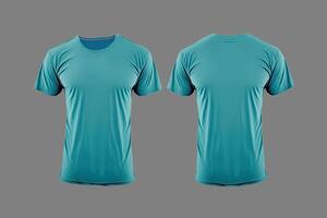 Photo realistic male cyan color t-shirts with copy space, front and back view.