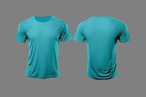 Photo realistic male cyan color t-shirts with copy space, front and back view.