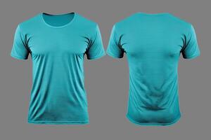 Photo realistic male cyan color t-shirts with copy space, front and back view.