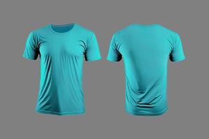 Photo realistic male cyan color t-shirts with copy space, front and back view.