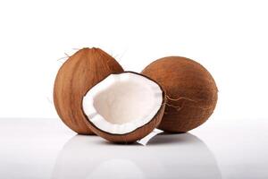 a whole and a half coconut on a white surface. photo