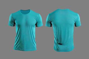 Photo realistic male cyan color t-shirts with copy space, front and back view.