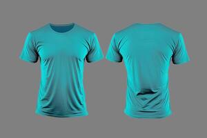 Photo realistic male cyan color t-shirts with copy space, front and back view.