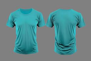 Photo realistic male cyan color t-shirts with copy space, front and back view.