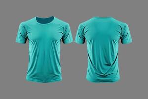 Photo realistic male cyan color t-shirts with copy space, front and back view.