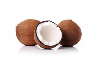 a whole and a half coconut on a white surface. photo