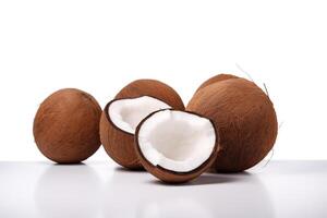 a whole and a half coconut on a white surface. photo