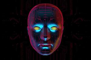 AI robot humanoid face with the circuit board background. photo