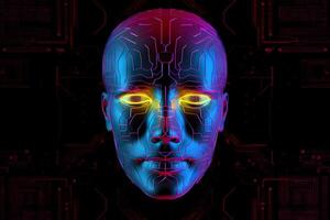 AI robot humanoid face with the circuit board background. photo