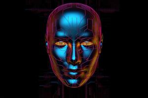 AI robot humanoid face with the circuit board background. photo