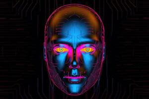 AI robot humanoid face with the circuit board background. photo