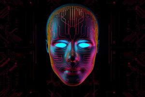 AI robot humanoid face with the circuit board background. photo