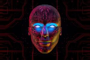 AI robot humanoid face with the circuit board background. photo