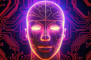 AI robot humanoid face with the circuit board background. photo
