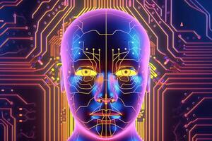 AI robot humanoid face with the circuit board background. photo