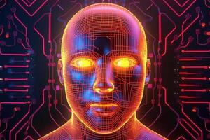 AI robot humanoid face with the circuit board background. photo