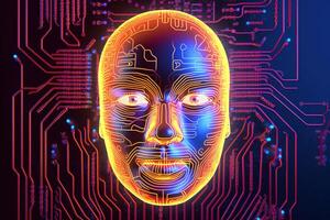 AI robot humanoid face with the circuit board background. photo