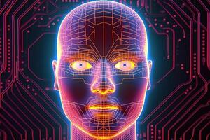 AI robot humanoid face with the circuit board background. photo