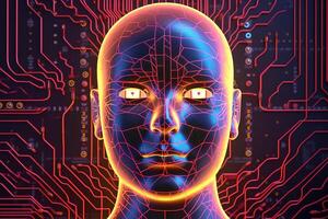 AI robot humanoid face with the circuit board background. photo