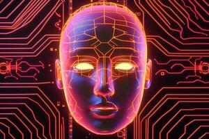 AI robot humanoid face with the circuit board background. photo