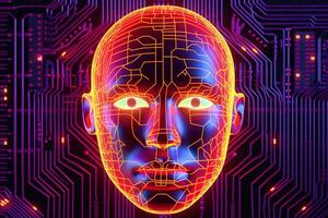 AI robot humanoid face with the circuit board background. photo