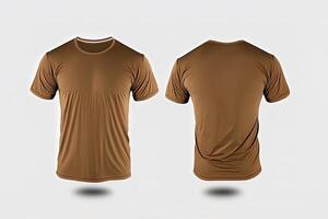 Photo realistic male brown t-shirts with copy space, front and back view.