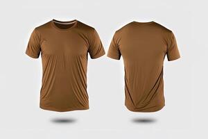 Photo realistic male brown t-shirts with copy space, front and back view.