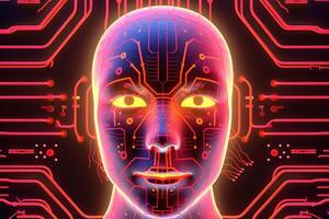 AI robot humanoid face with the circuit board background. photo