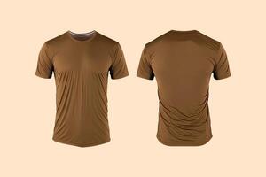 Photo realistic male brown t-shirts with copy space, front and back view.