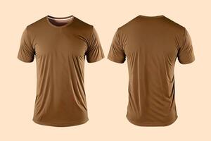 Photo realistic male brown t-shirts with copy space, front and back view.