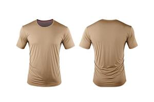 Photo realistic male beige t-shirts with copy space, front and back view.