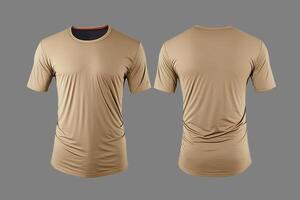 Photo realistic male beige t-shirts with copy space, front and back view.