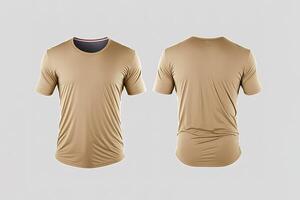 Photo realistic male beige t-shirts with copy space, front and back view.