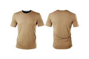 Photo realistic male beige t-shirts with copy space, front and back view.