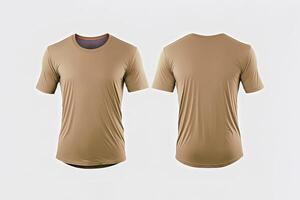 Photo realistic male beige t-shirts with copy space, front and back view.