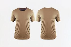 Photo realistic male beige t-shirts with copy space, front and back view.