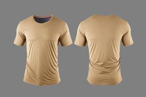 Photo realistic male beige t-shirts with copy space, front and back view.