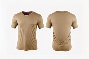 Photo realistic male beige t-shirts with copy space, front and back view.