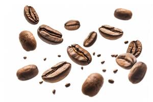 Falling roasted coffee beans isolated on white background with selective focus. photo