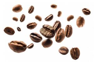 Falling roasted coffee beans isolated on white background with selective focus. photo