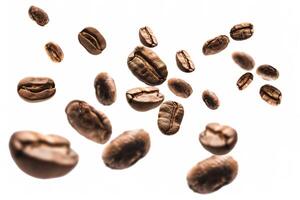 Falling roasted coffee beans isolated on white background with selective focus. photo