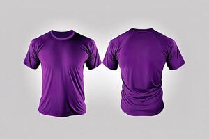 Photo realistic male purple t-shirts with copy space, front and back view.