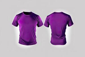 Photo realistic male purple t-shirts with copy space, front and back view.