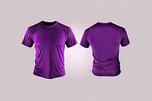 Photo realistic male purple t-shirts with copy space, front and back view.