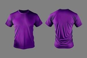 Photo realistic male purple t-shirts with copy space, front and back view.