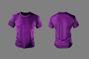 Photo realistic male purple t-shirts with copy space, front and back view.