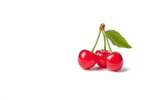 Delicious ripe sweet cherries on white background with copy space. photo
