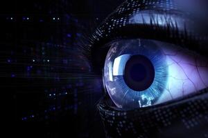 Macro eye with high technology for futuristic virtual reality. Concept of biometric and retinal scanning and personal data security. photo