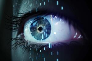 macro ojo con alto tecnología para futurista virtual realidad. concepto de biométrico y de retina exploración y personal datos seguridad. ai generado foto